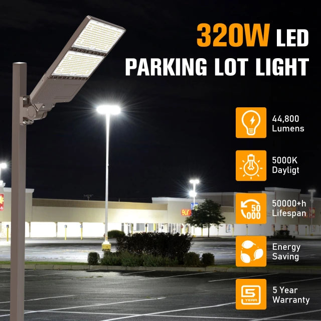 320W LED Pole Light With Built In Dusk to Dawn Sensor, 5000K and 44800 Lumens, AC100-277V, 0-10V Dimmable LED Parking Lot Light - Eco LED Lightings 