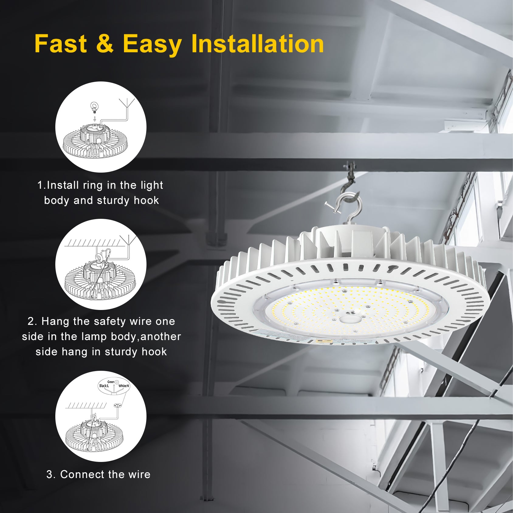 200W LED UFO High Bay Light: 5000K, 28000 Lumens, Dimmable, IP65, UL/DLC Premium, Wide 120° Beam Angle for Industrial Illumination - Eco LED Lightings 