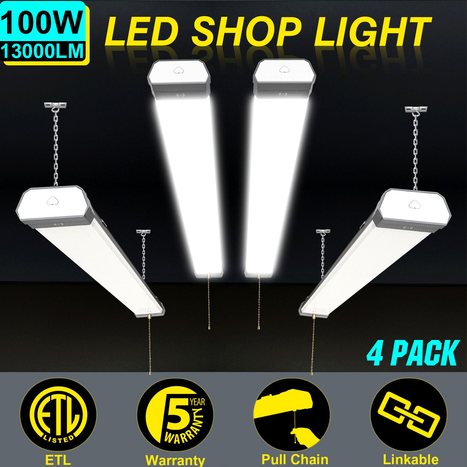 100W Linkable LED Shop Light | 4FT 13000LM 5000K | With Plug | 120V LED Garage Ceiling Workshop Light | ON/Off Pull Chain | Suspended & Flush Mount - Eco LED Lightings 