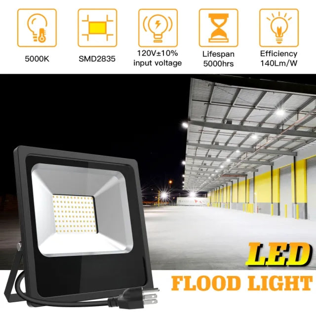 100W LED Flood Light, 5000K Daylight White, 14000 Lumens, IP65 Waterproof, 120° Beam Angle, 120V AC, ETL/DLC Listed - Eco LED Lightings 
