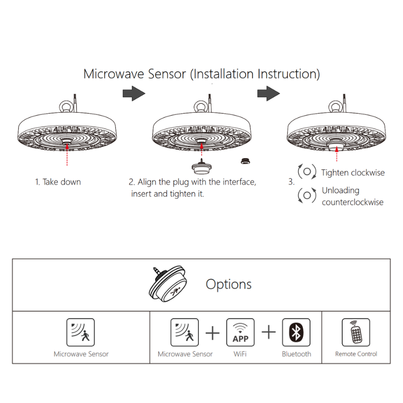 150W , 24,000 Lumens LED UFO Light - 160 lm/W, Adjustable CCT (4000K-5000K-6000K), Microwave Sensor, Power Wire Plug - Eco LED Lightings 