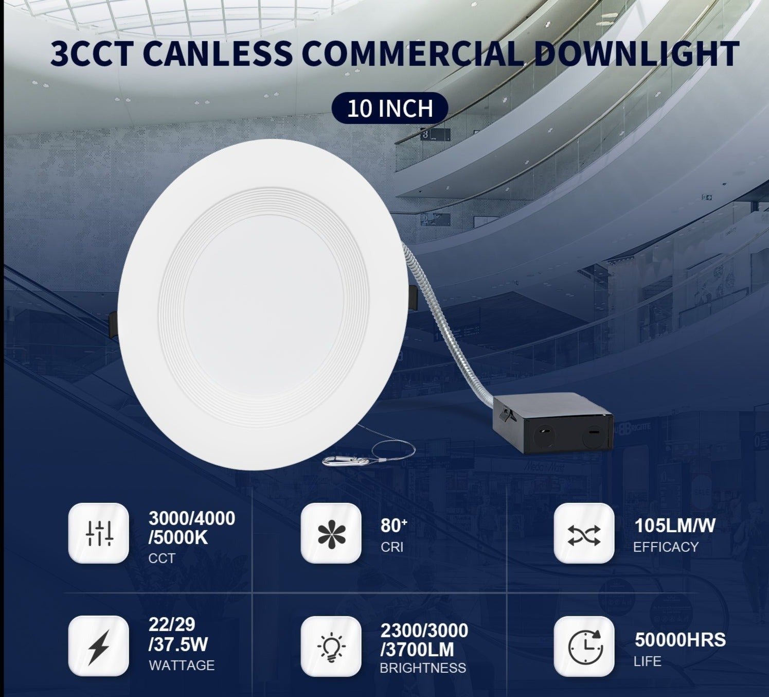 10 Inch Recessed LED Downlight with Junction Box - Selectable Wattage(22/29/37.5W) & CCT(3000K/4000K/5000K), 3700 Lumens, 0-10V Dimming - ETL & Energy Star Listed - Eco LED Lightings 