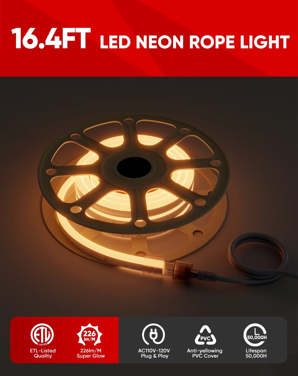 Super Bright Lum LED Neon Rope Light - 110V 2500K Warm White - 226 Lumens - Flexible, Durable, and Energy-Efficient - Eco LED Lightings 