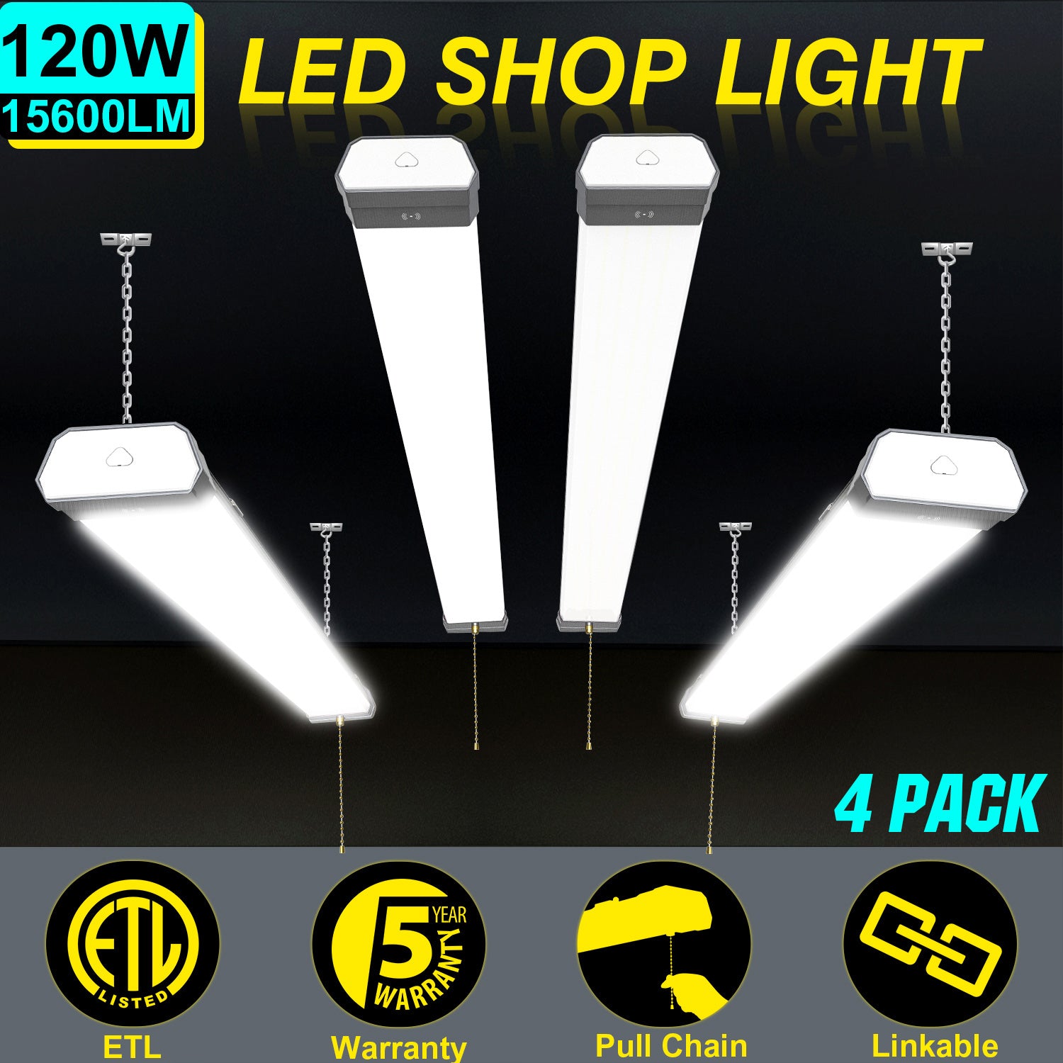120W LED Shop Light, 4FT, 16800LM, 5000K, Linkable, With Plug, 120V±10%, ON/Off Pull Chain, Suspended & Flush Mount - Eco LED Lightings 