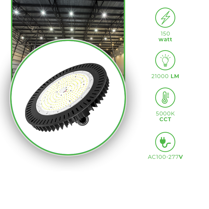 150W UFO LED Industrial High Bay Light for Warehouse with 21,000 Lumens, 5000K Daylight White, Black Finish - Eco LED Lightings 