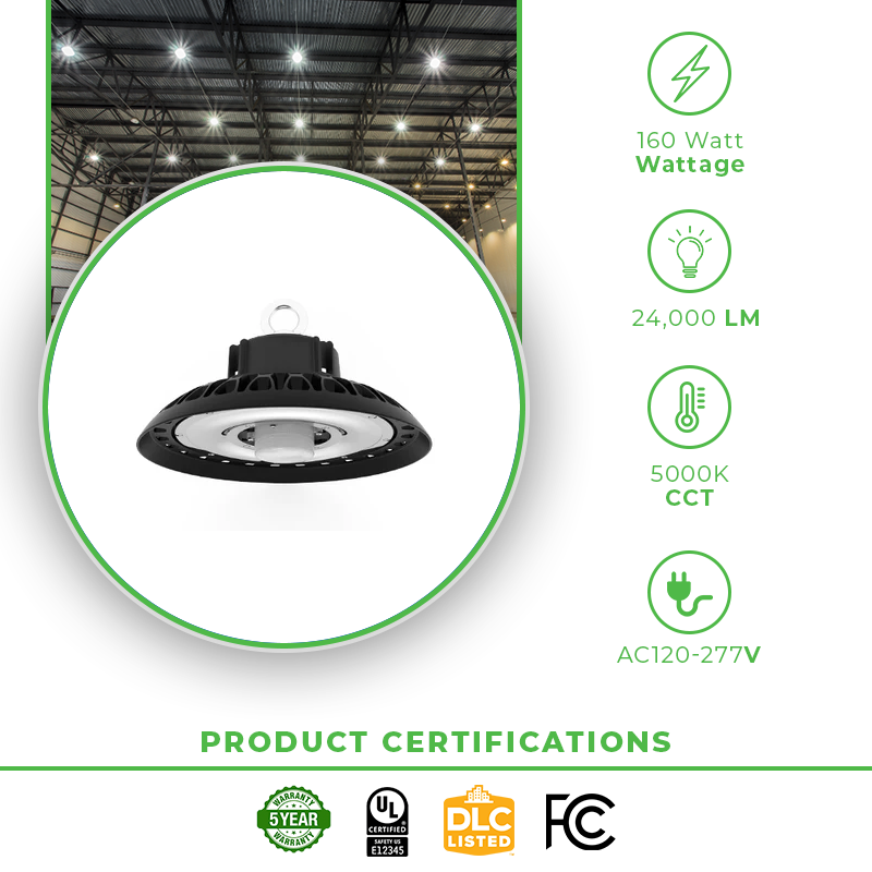 160W UFO LED Industrial High Bay Light for Warehouse with 24,000 Lumens, 5000K Daylight White, Black Finish IP65 UL/DLC Listed. - Eco LED Lightings 