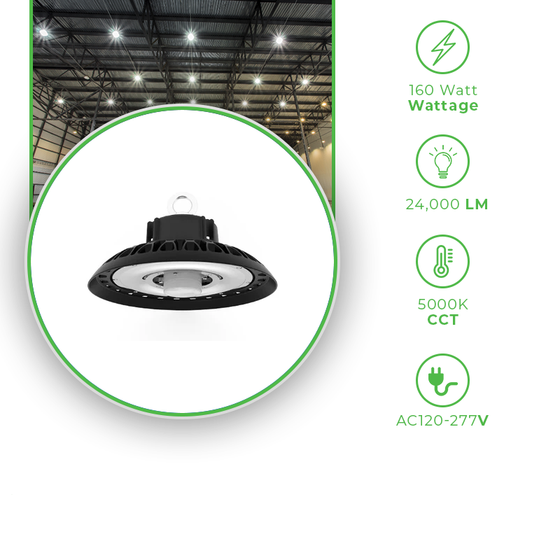 160W UFO LED Industrial High Bay Light for Warehouse with 24,000 Lumens, 5000K Daylight White, Black Finish IP65 UL/DLC Listed. - Eco LED Lightings 