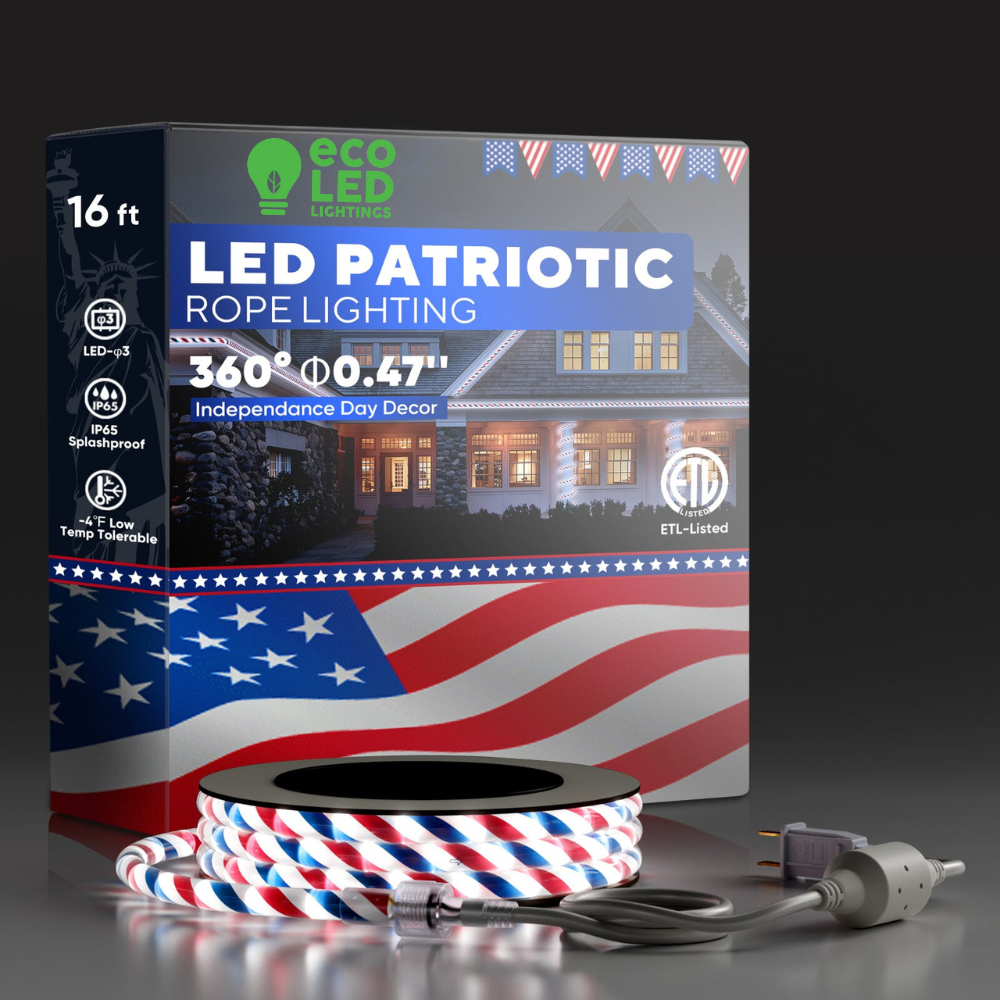 110V Patriotic Red, White & Blue LED Rope Light - 11000K Cool White (2.4W/Meter, 36 LEDs/Meter) - Indoor/Outdoor (IP65), ETL Listed - Eco LED Lightings 