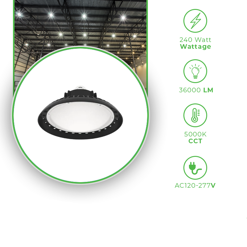 240W UFO LED High Bay Light with 36,000 Lumens, 5000K Daylight , for Warehouse, Factory, and Other Industrial Applications - Eco LED Lightings 