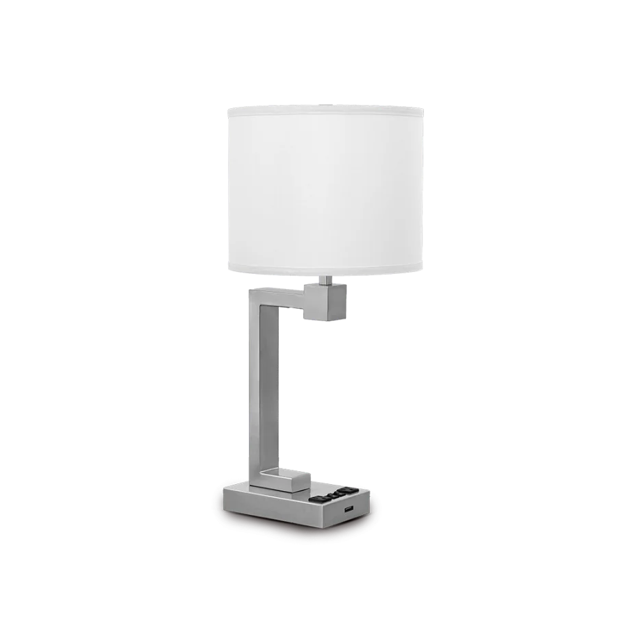 Contemporary 26″ Brushed Nickel Table Lamp with USB Charging, Convenience Outlets, and Pure White Linen Shade - Eco LED Lightings 