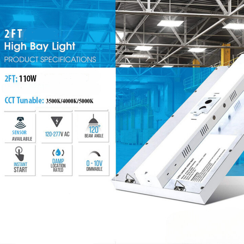 Bright 2ft 110W LED Linear High Bay Shop Light - Adjustable Color Temperature 3500K/4000K/5000K - 13750 Lumens - 120-277VAC, 0-10V Dim, UL DLC Listed - Eco LED Lightings 