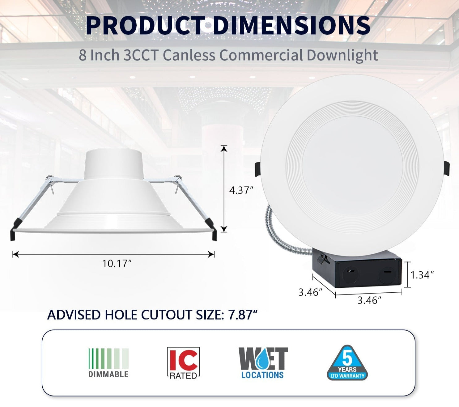 8 Inch Recessed LED Commercial Downlight with J-Box | Wattage Adjustable 16/21/27W | 3 Color Selectable 3000K-5000K | 120-277V | 0-10V Dimmable | IC Rated | Canless LED Downlight | UL Listed - Eco LED Lightings 