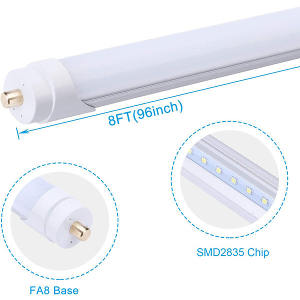 8FT LED Tube Light - 40W, 4000K, 4800 Lumens, Frosted Cover, FA8 Single Pin, Single/Double End Power, 120-277V, ETL and DLC Certified - Eco LED Lightings 