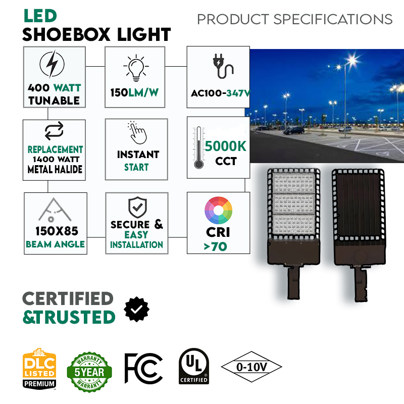 400W Tunable Outdoor LED Area Light: 60,000 Lumens, 5000K CCT, 100-347V, Dimmable, IP66 Waterproof LED Parking Lot Lights