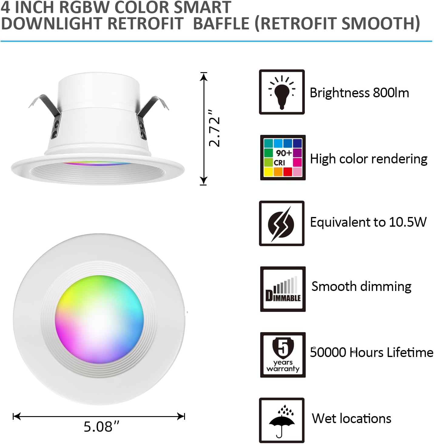4 in. Slim Canless Smart Recessed Downlight - Wi-Fi Connected, Dimmable, Color-Changing - 765 Lumens, 10.5 Watts, 90+ CRI - Energy Star Qualified - Eco LED Lightings 