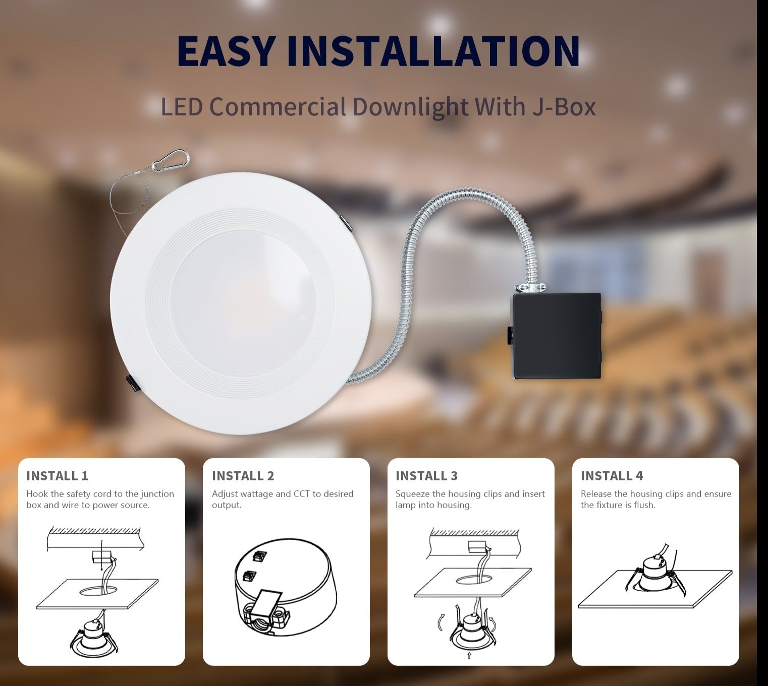 10 Inch Recessed LED Downlight with Junction Box - Selectable Wattage(22/29/37.5W) & CCT(3000K/4000K/5000K), 3700 Lumens, 0-10V Dimming - ETL & Energy Star Listed - Eco LED Lightings 