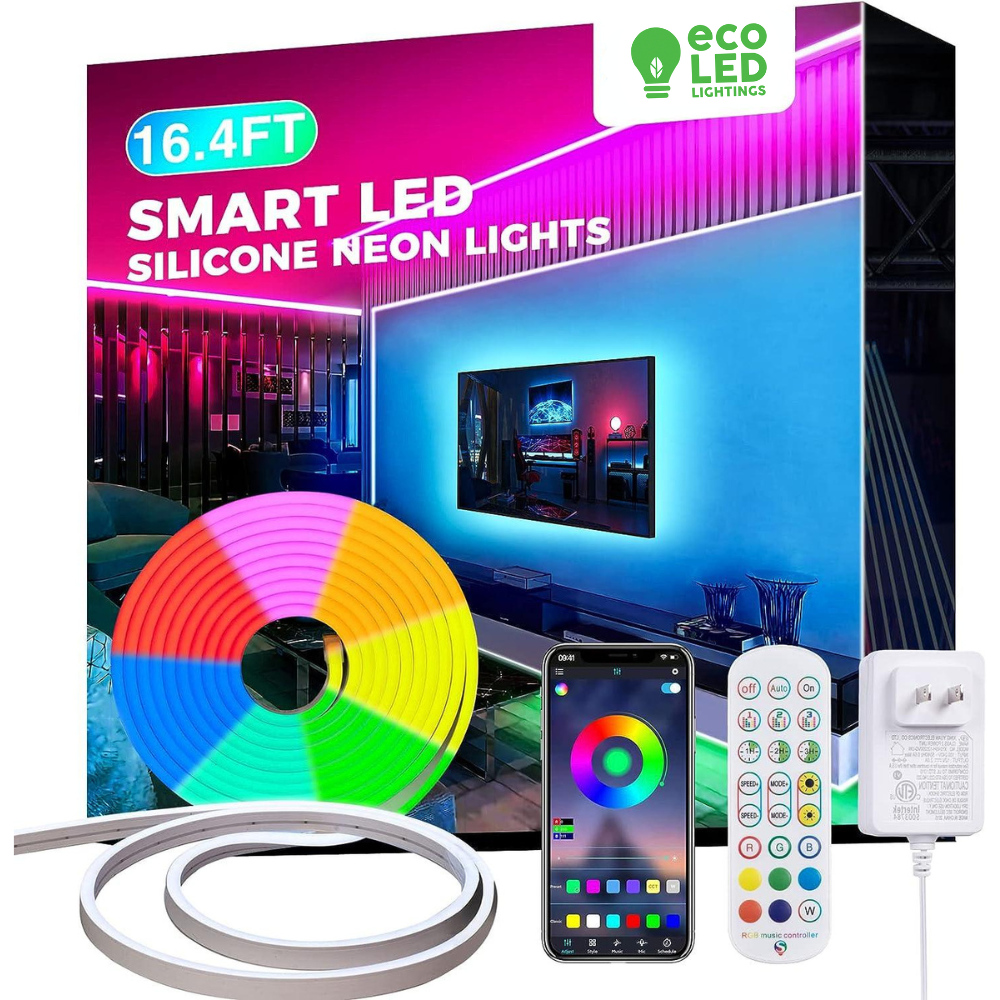 16.4FT Smart RGB Neon LED Rope Light (12W/M, 120LED/Meter) - 12V, IP65, Music Sync & Mic Mode - ETL Listed - Eco LED Lightings 