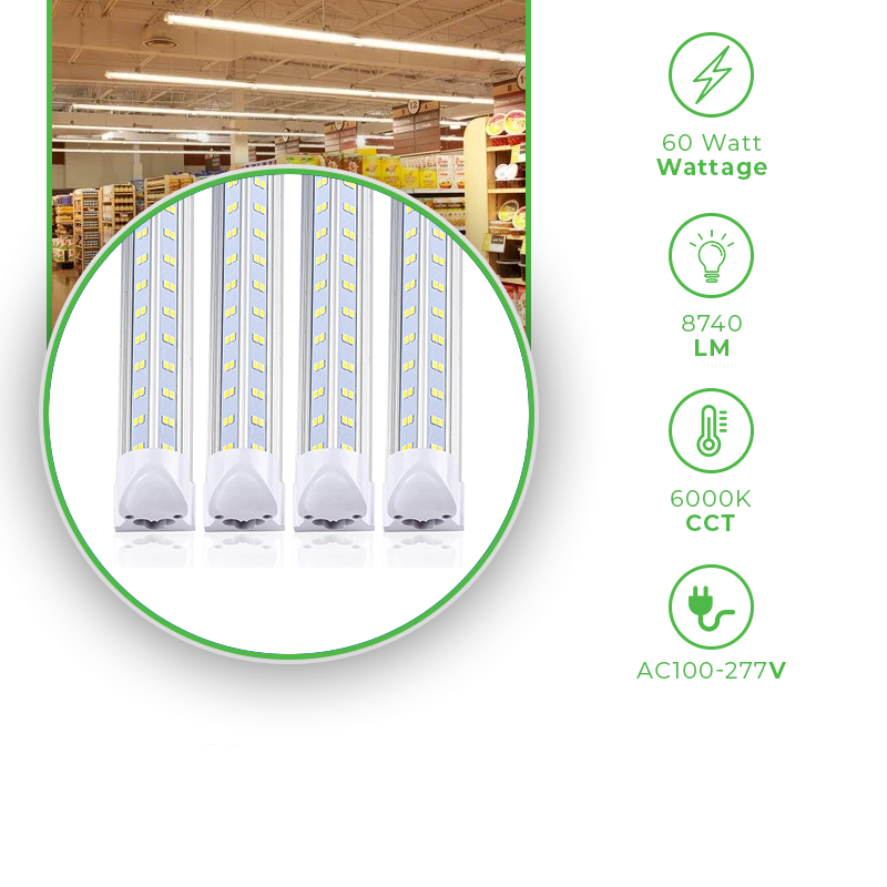 8ft LED T8 Integrated Tube Light, 60W- 6000K and 8740 Lumens, Plug and Play LED Shop Lights for Garage, Workshop and Basement - Eco LED Lightings 