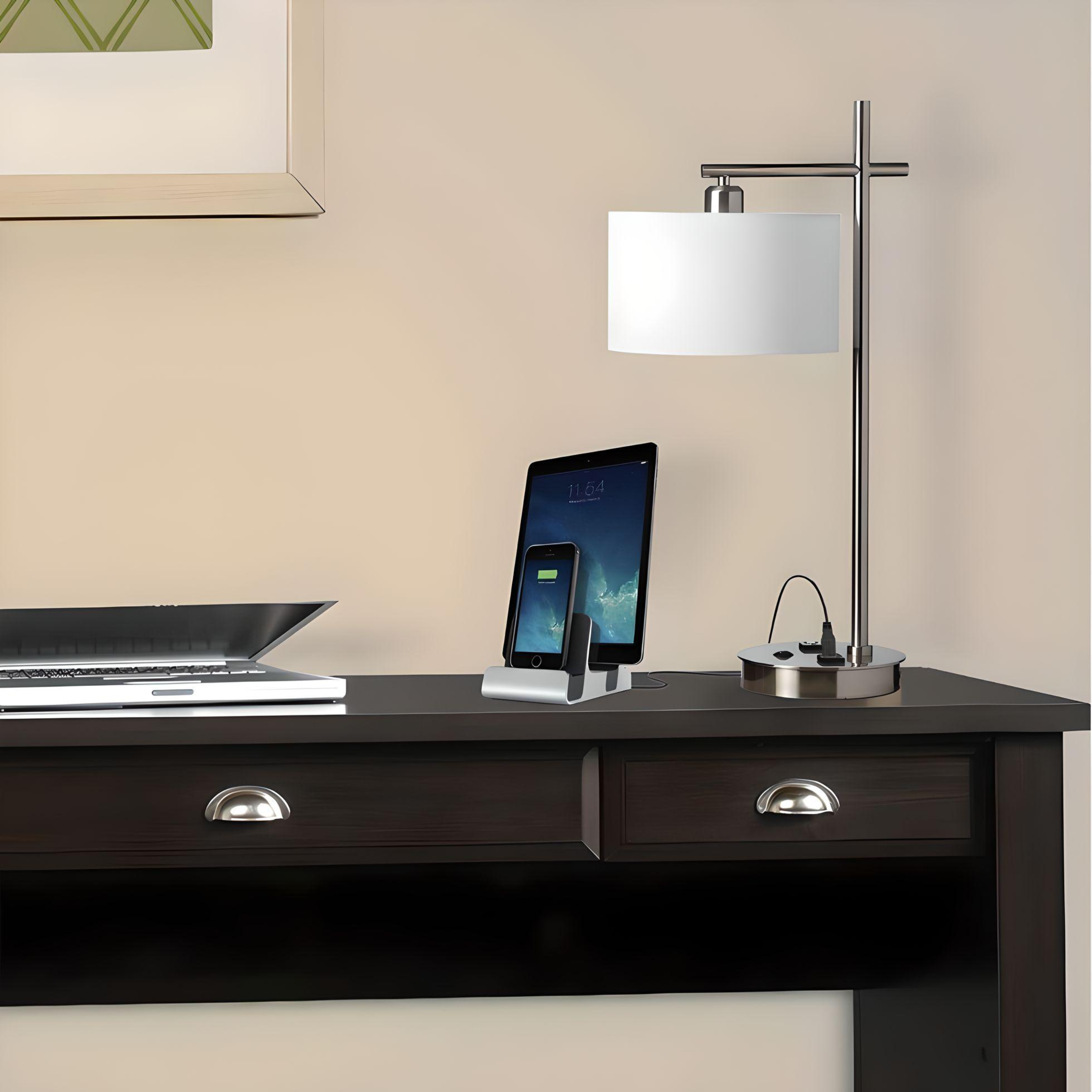 Astra Desk Table Lamps- Desk Table Lamps with brushed nickel finish and one convenience outlet - Eco LED Lightings 