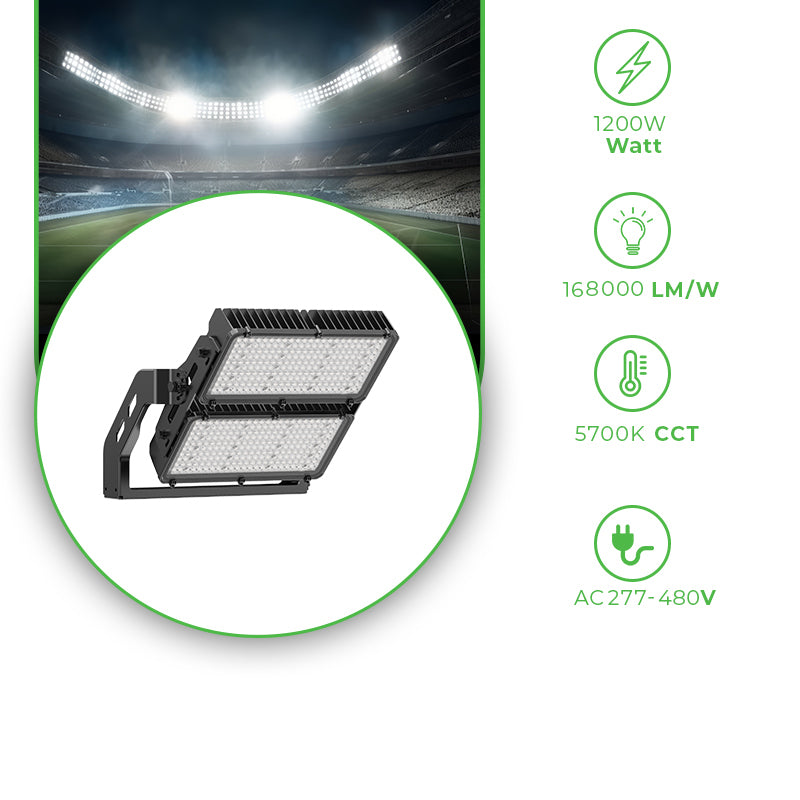 1200W LED Sports Light - 168000 Lumens - 5700K - Dimmable 0-10V - High-Powered LED Flood Stadium Light - Eco LED Lightings 