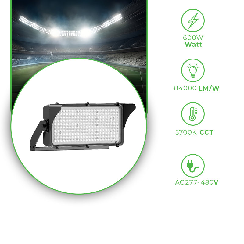 600W LED Sports Light - 84,000 Lumens - 5700K - Dimmable 0-10V - High-Powered LED Flood Stadium Light - Eco LED Lightings 