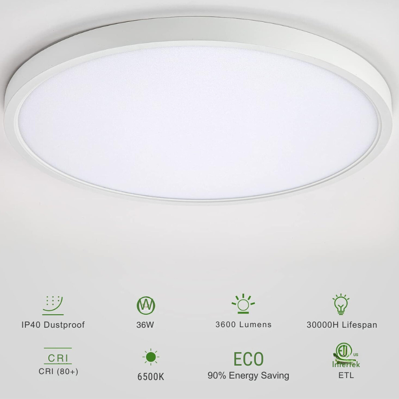 36W Flush Mount Ceiling Light Fixture - 6500K Daylight - 3600LM - Ultra-Thin Round LED Lighting for Hallway, Kitchen, Bedroom, Closet, Laundry - Indoor/Outdoor - Eco LED Lightings 