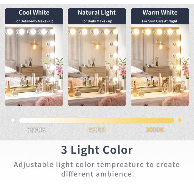 Hollywood Lighted Makeup Mirror with 3-Color Dimmable LED Bulbs - Eco LED Lightings 