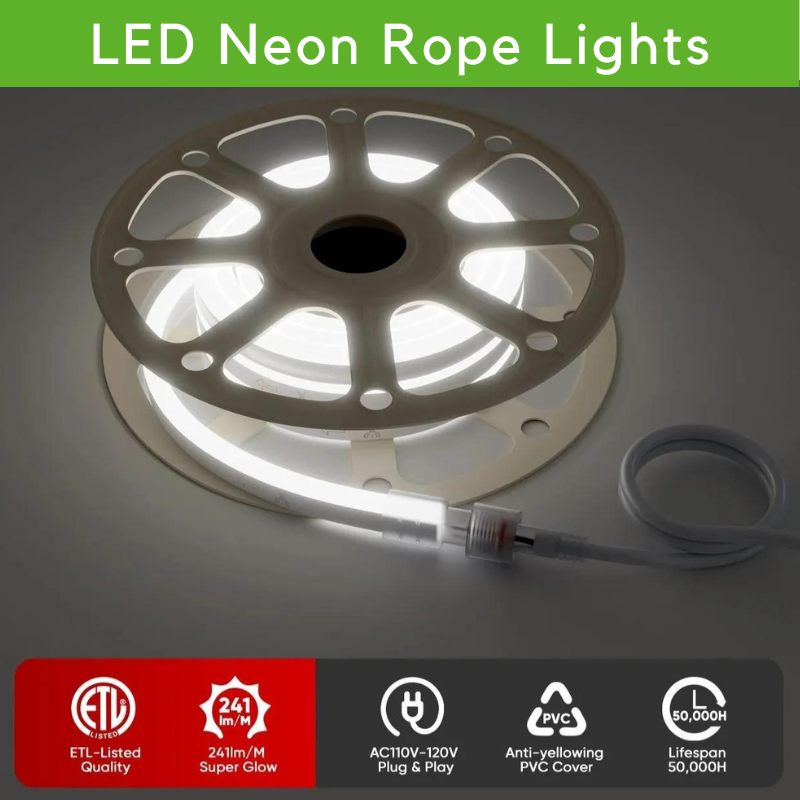 Super Bright 110V LED Neon Rope Light - 6.5W/Meter, 6300K Cool White and 226 LM/Meter - Energy Efficient Commercial LED Neon Rope Light - Eco LED Lightings 
