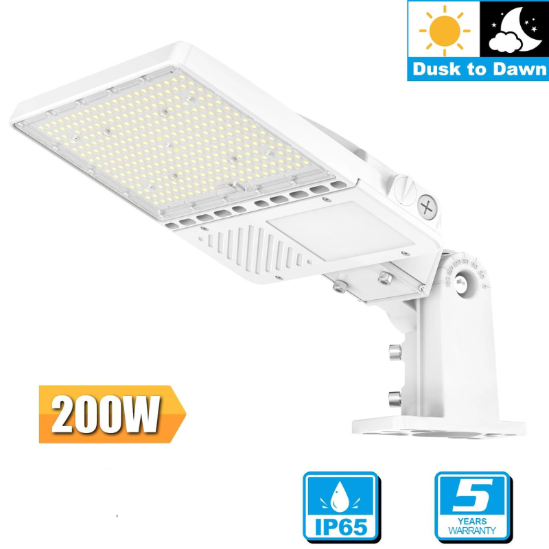 200W LED Shoebox Light 5000K - Built in Dusk To Dawn Photocell Sensor - 100-277VAC - White - Eco LED Lightings 