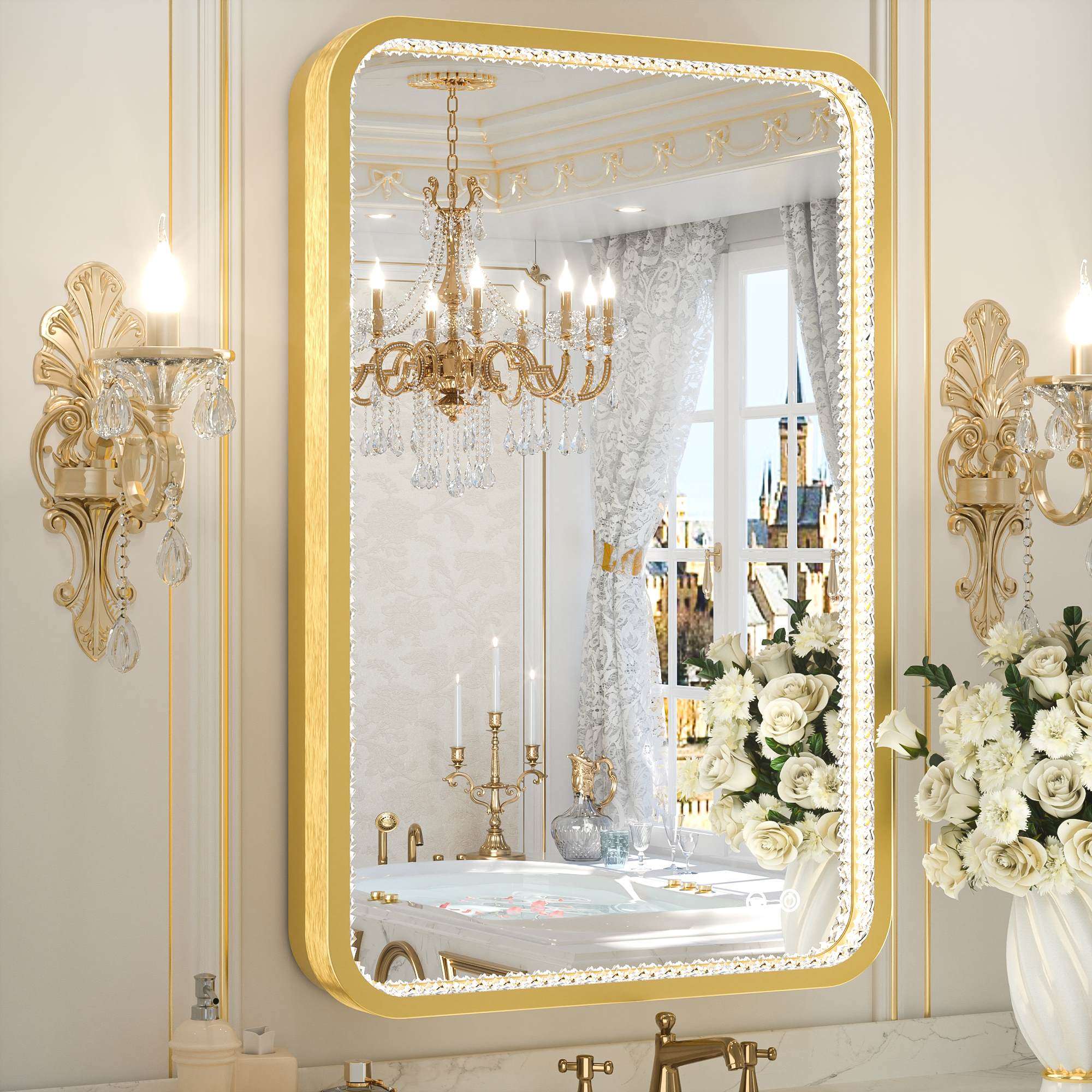 Luxury Crystal LED Wall Mirror - Gold Brushed Finish, Shatterproof, Waterproof, 3000K-6000K - Eco LED Lightings 