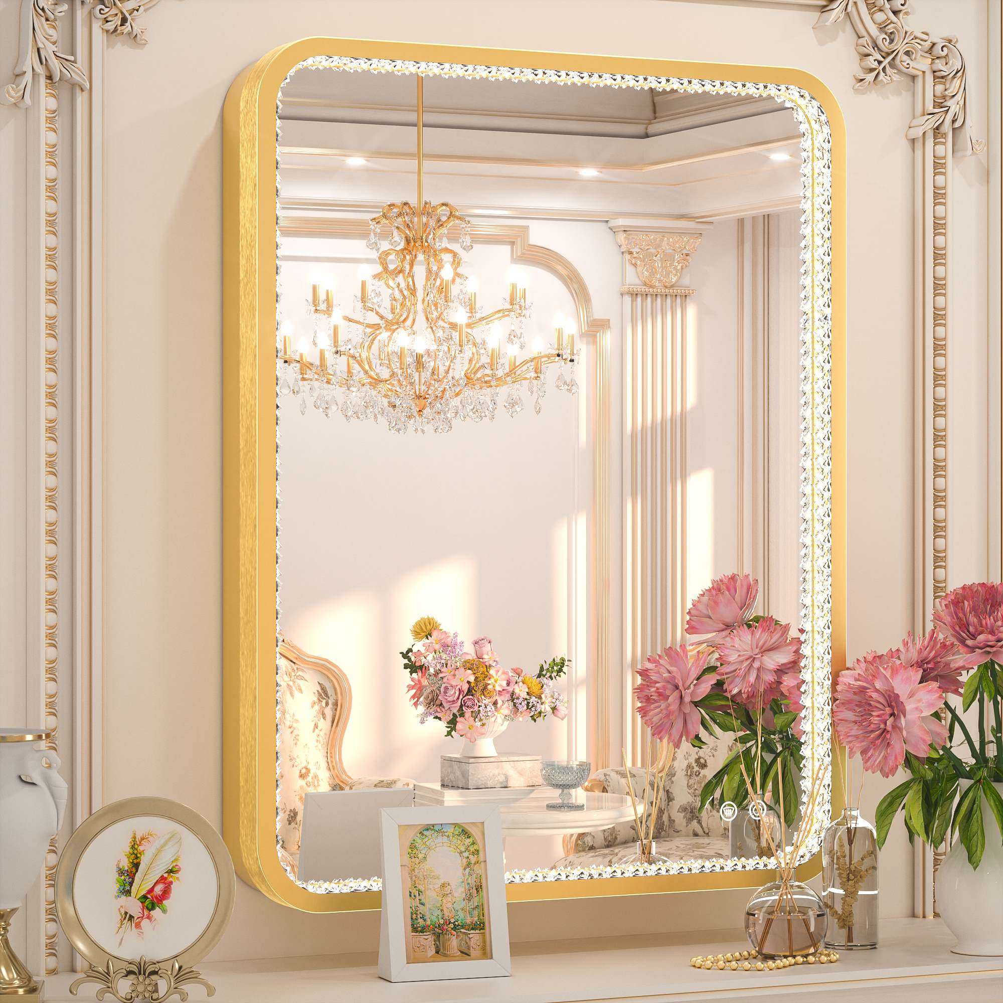 Luxury Crystal LED Wall Mirror - Gold Brushed Finish, Shatterproof, Waterproof, 3000K-6000K - Eco LED Lightings 