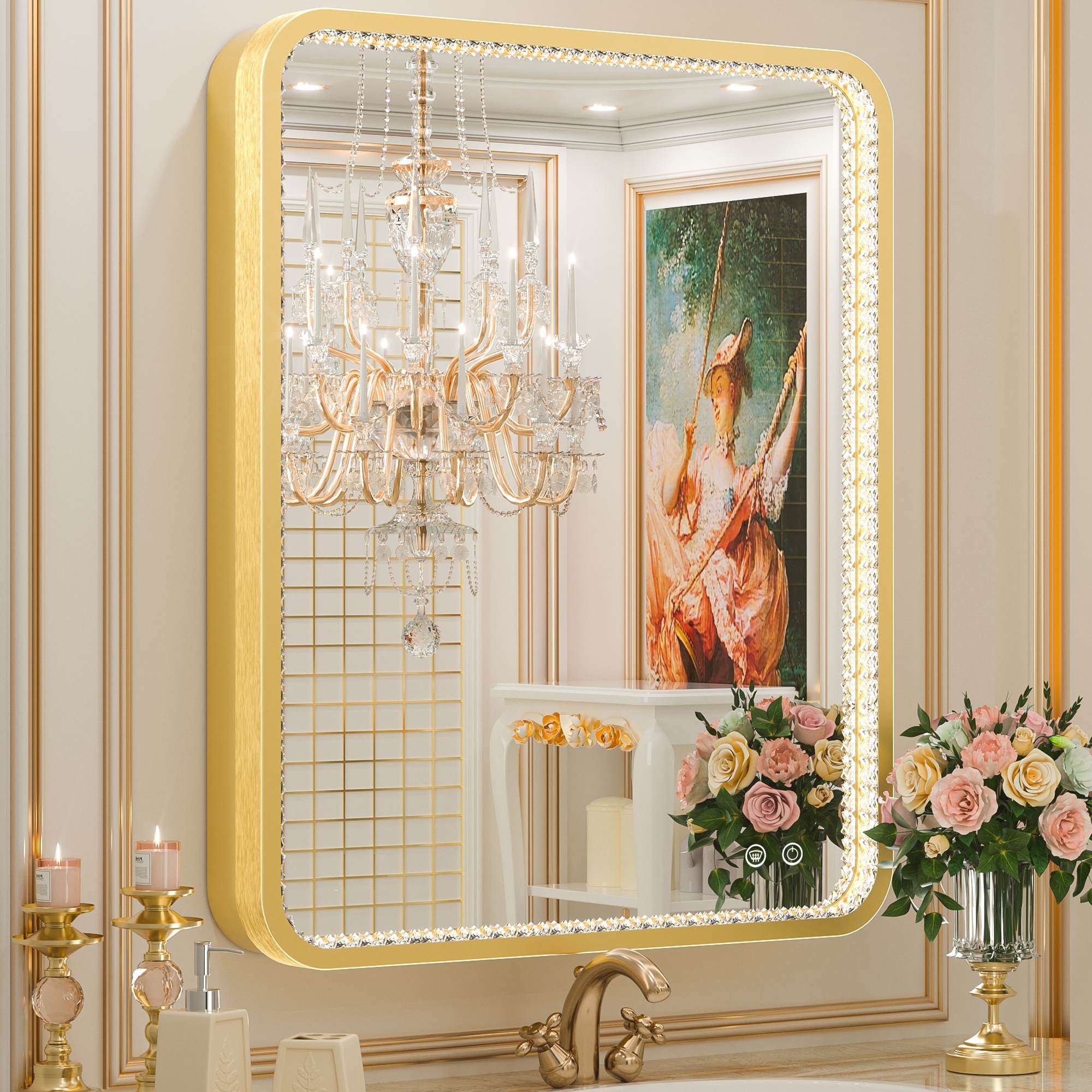 Luxury Crystal LED Wall Mirror - Gold Brushed Finish, Shatterproof, Waterproof, 3000K-6000K - Eco LED Lightings 