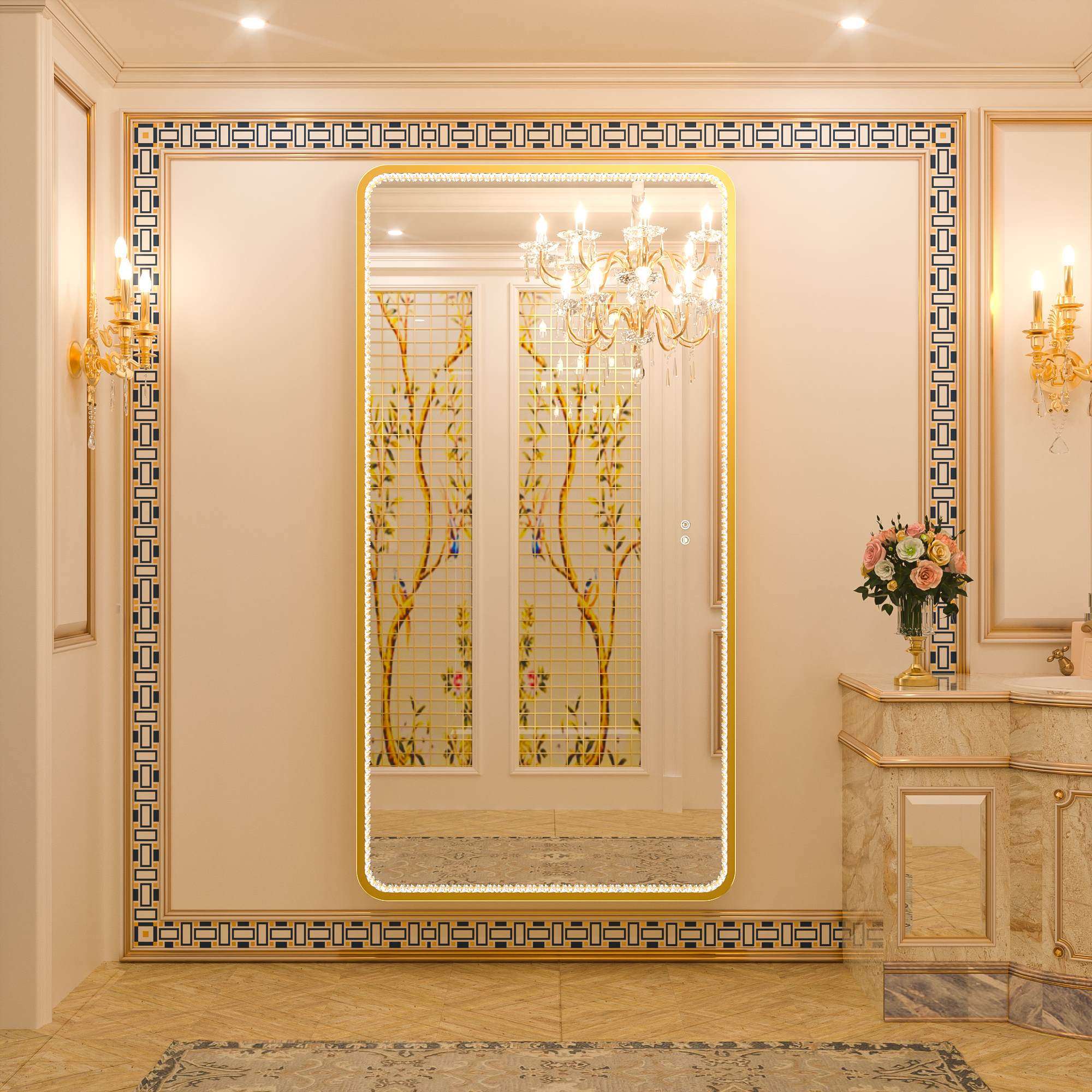 Luxury Crystal LED Wall Mirror - Gold Brushed Finish, Shatterproof, Waterproof, 3000K-6000K - Eco LED Lightings 