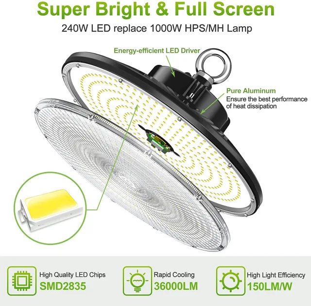 240W Tunable LED UFO High Bay Lighting, CCT Changeable, 150LM/W - Dimmable LED Warehouse Lighting Solution - Eco LED Lightings 