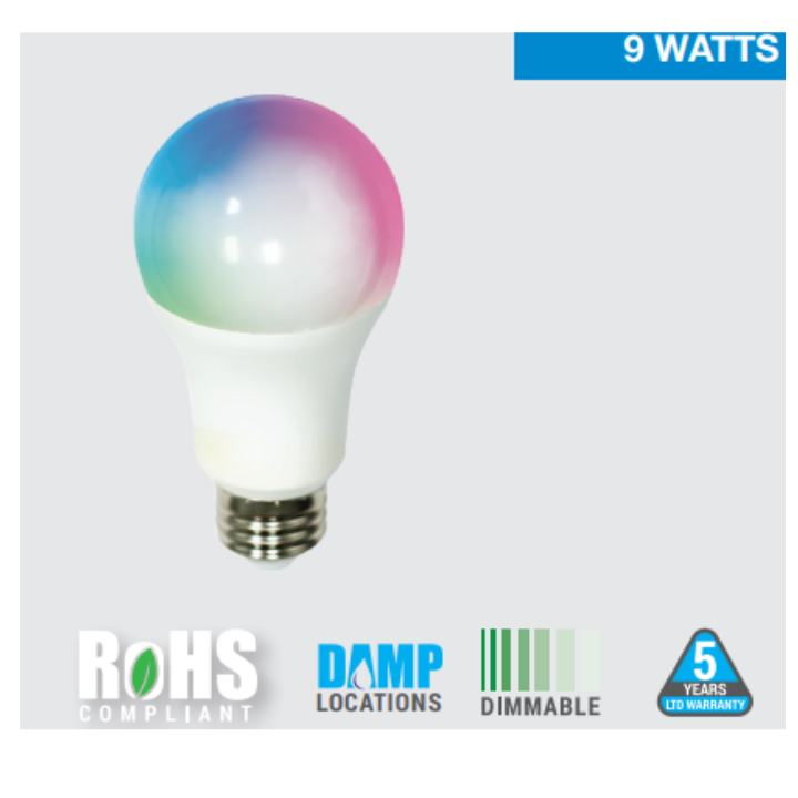 800 Lumen A19 LED Smart Light Bulb with RGB - 9W, WiFi Enabled, Works with Alexa and Google Assistant - Eco LED Lightings 