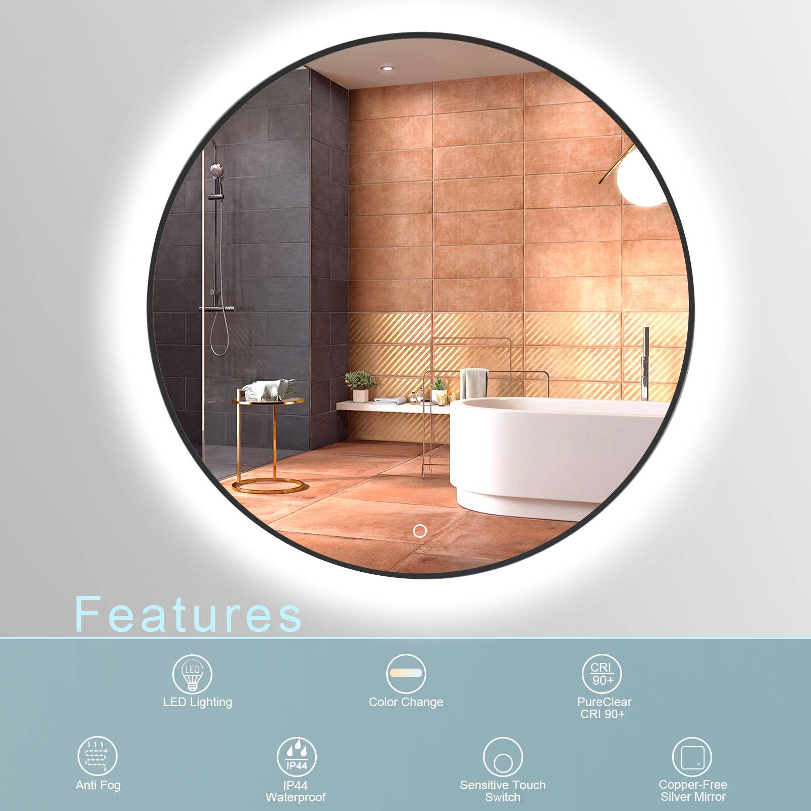 ELL Black Moon series - Modern LED Bathroom Mirror with Defogger and Adjustable Color Temperature - 5mm Copper-Free Glass, Matte Black Aluminum Frame, ETL Listed & IP44 Rated, Horizontal Mounting - Eco LED Lightings 
