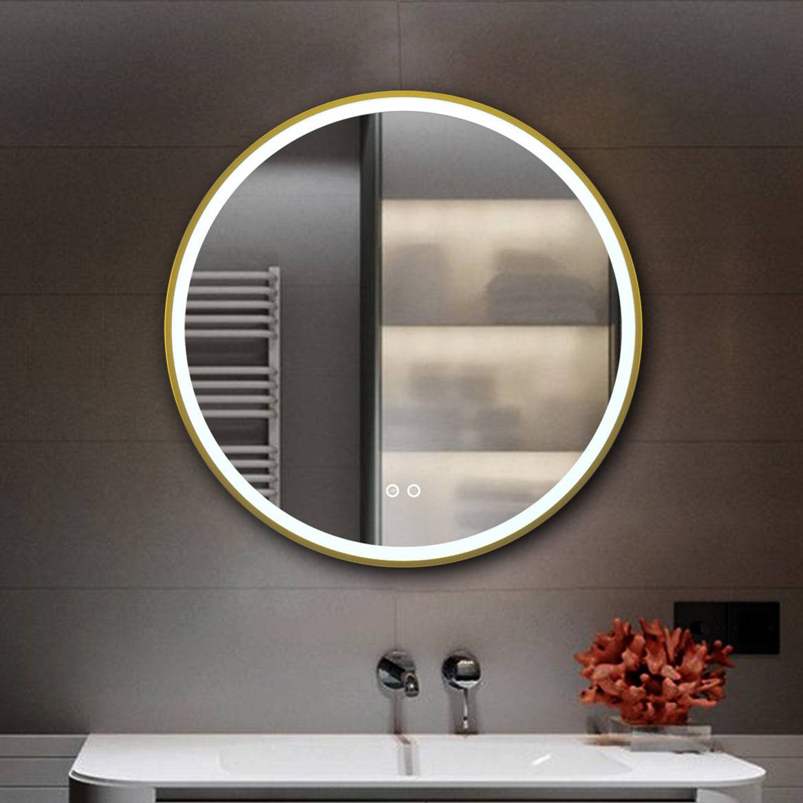 ELL Gold Moon Series - Modern Matte Gold LED Bathroom Mirror with Defogger - Adjustable Color Temperature, Touch Switch, ETL Listed, Horizontal Mounting - Enhance Your Bathroom Experience with Style and Functionality - Eco LED Lightings 
