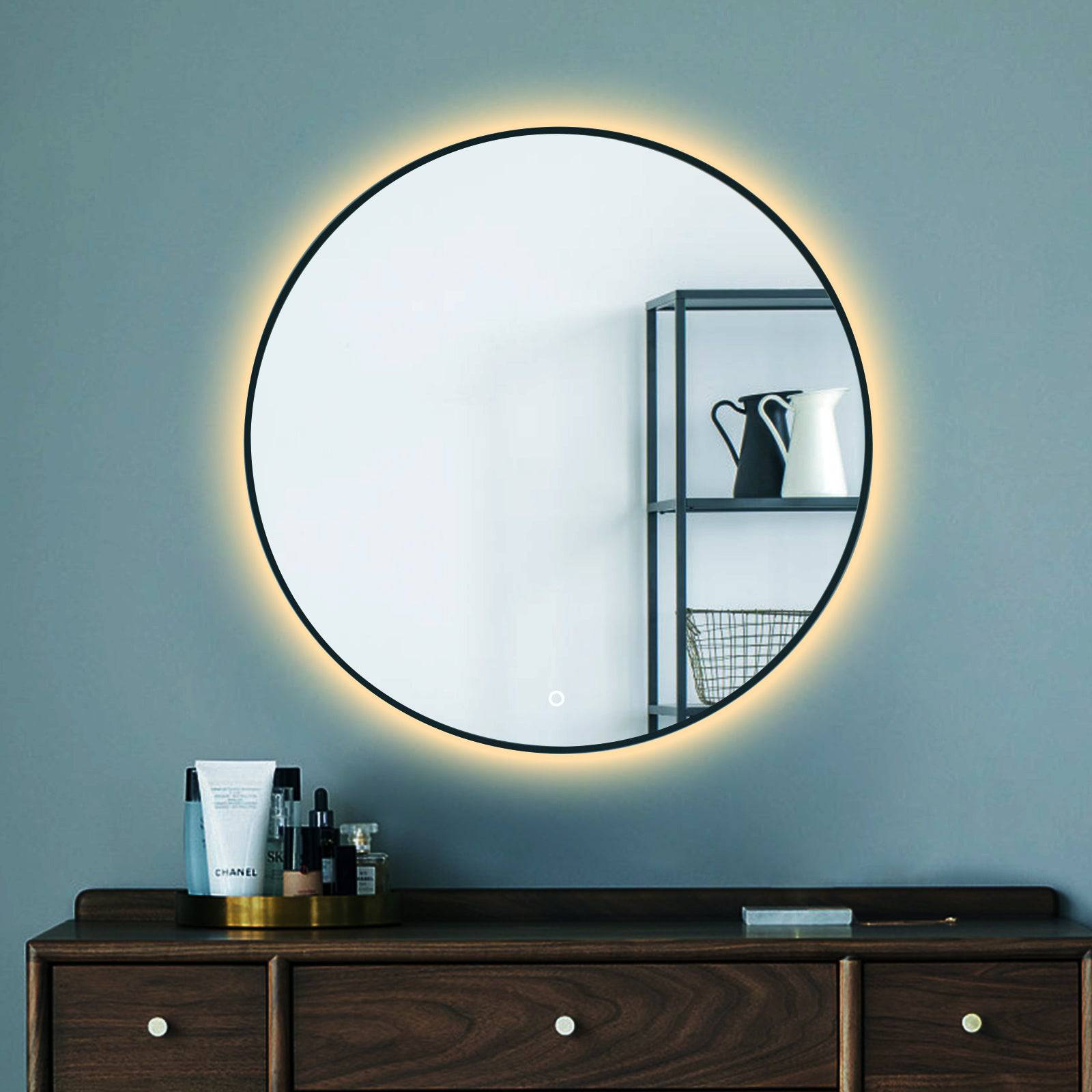 ELL Black Disk Series - Sleek Matt Black LED Mirror with Color Temperature Changing, Heating Pad, Touch Switch - IP44 Rated, Horizontal Mounting - 5mm Copper-Free Glass - Eco LED Lightings 