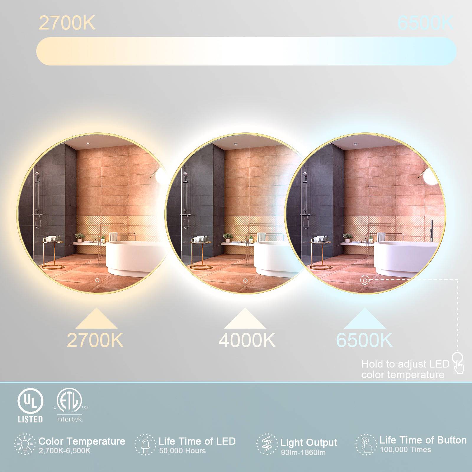 ELL Gold Disk Series - Opulent Gold LED Mirror with Heating Pad - 5mm Copper-Free Glass, Color Temperature Changing, Touch Switch, IP44 Rated - Horizontal Mounting for Stylish Bathrooms and Vanity Spaces - Eco LED Lightings 