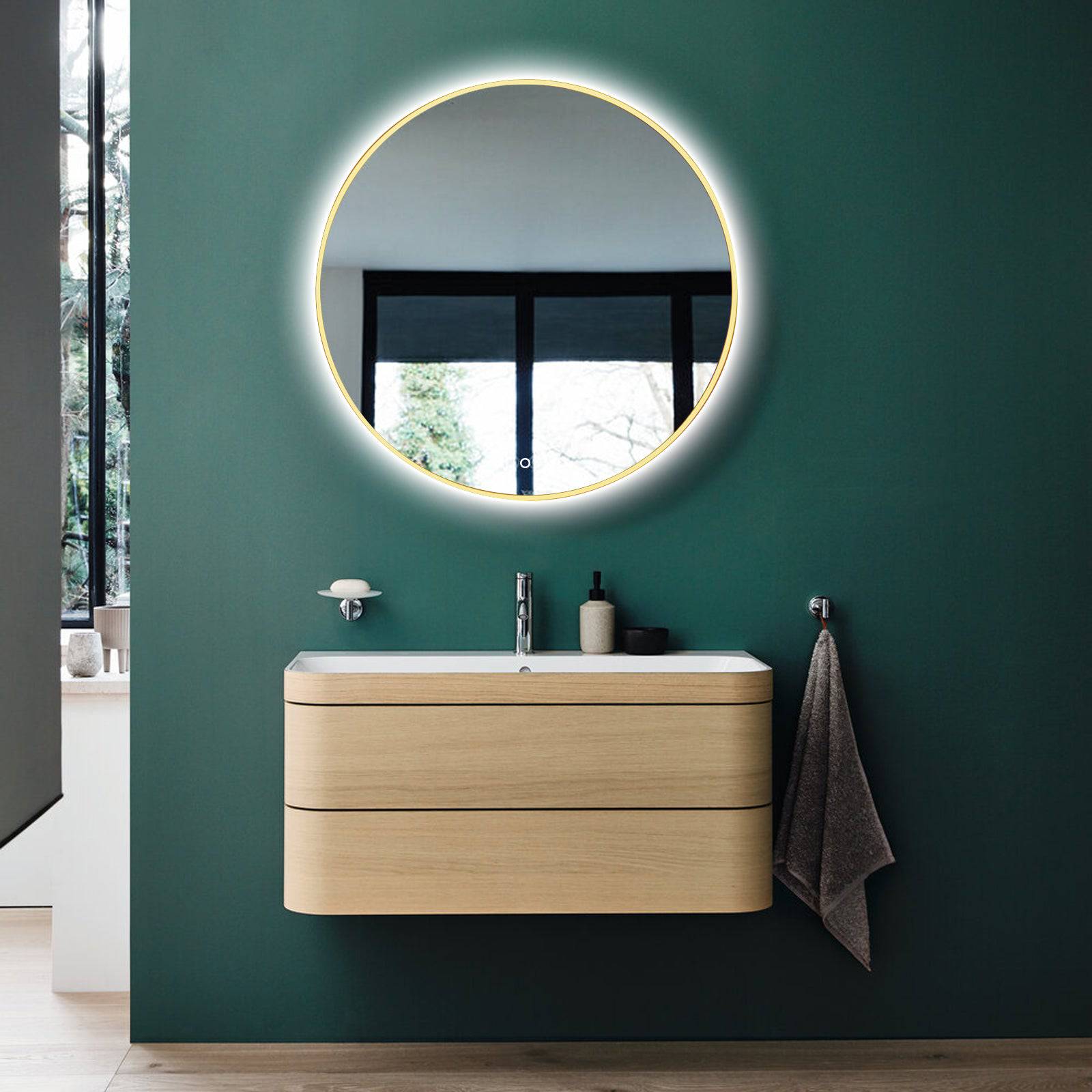 ELL Gold Disk Series - Opulent Gold LED Mirror with Heating Pad - 5mm Copper-Free Glass, Color Temperature Changing, Touch Switch, IP44 Rated - Horizontal Mounting for Stylish Bathrooms and Vanity Spaces - Eco LED Lightings 