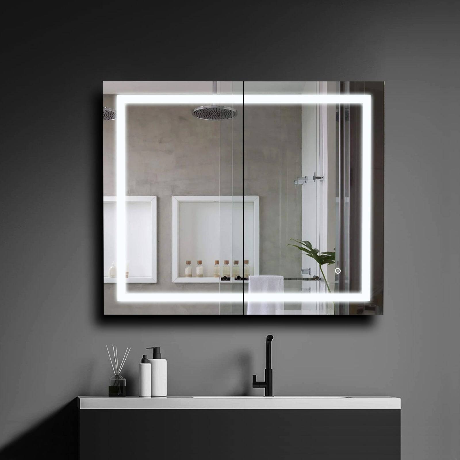 ELL Cubic Series- Double Door- Modern LED Bathroom Mirror with Defogger, Touch Switch, USB Charger, and Tempered Glass Shelves - Horizontal Mounting, Sleek Aluminum Carcass, Anodized Finish - Color Temperature Changing LED Lights - ETL Listed, IP44 Rated - Eco LED Lightings 