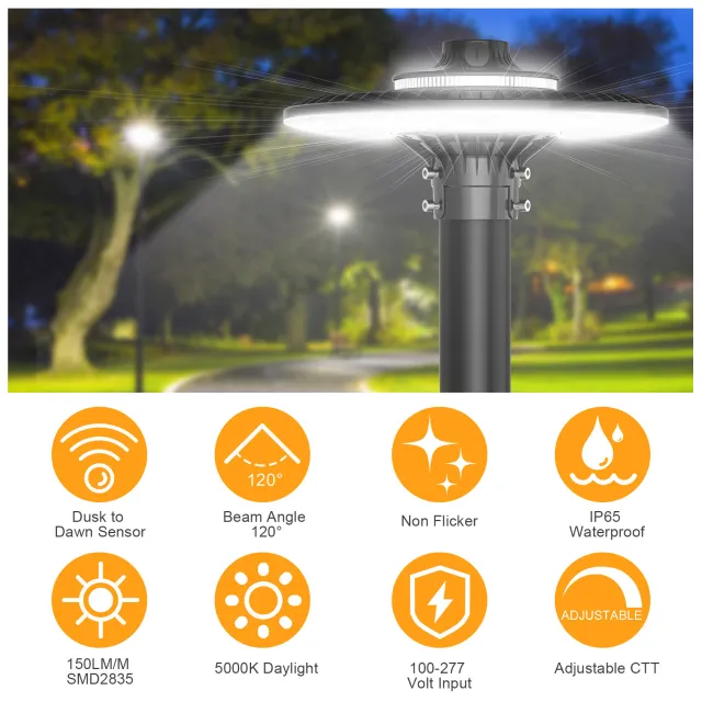 60W Led Post Top Lights With Photocell CCT Changeable 3000/4000/5000K  7800 lumens IP65 ETL cETL DLC approved - Eco LED Lightings 